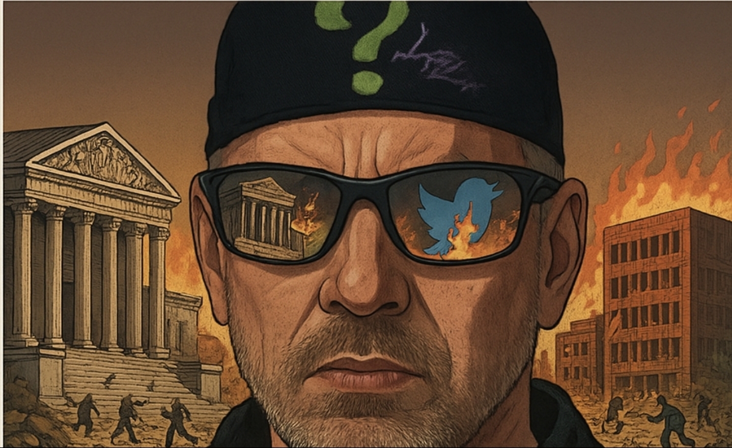 Man in sunglasses watching courthouse burn